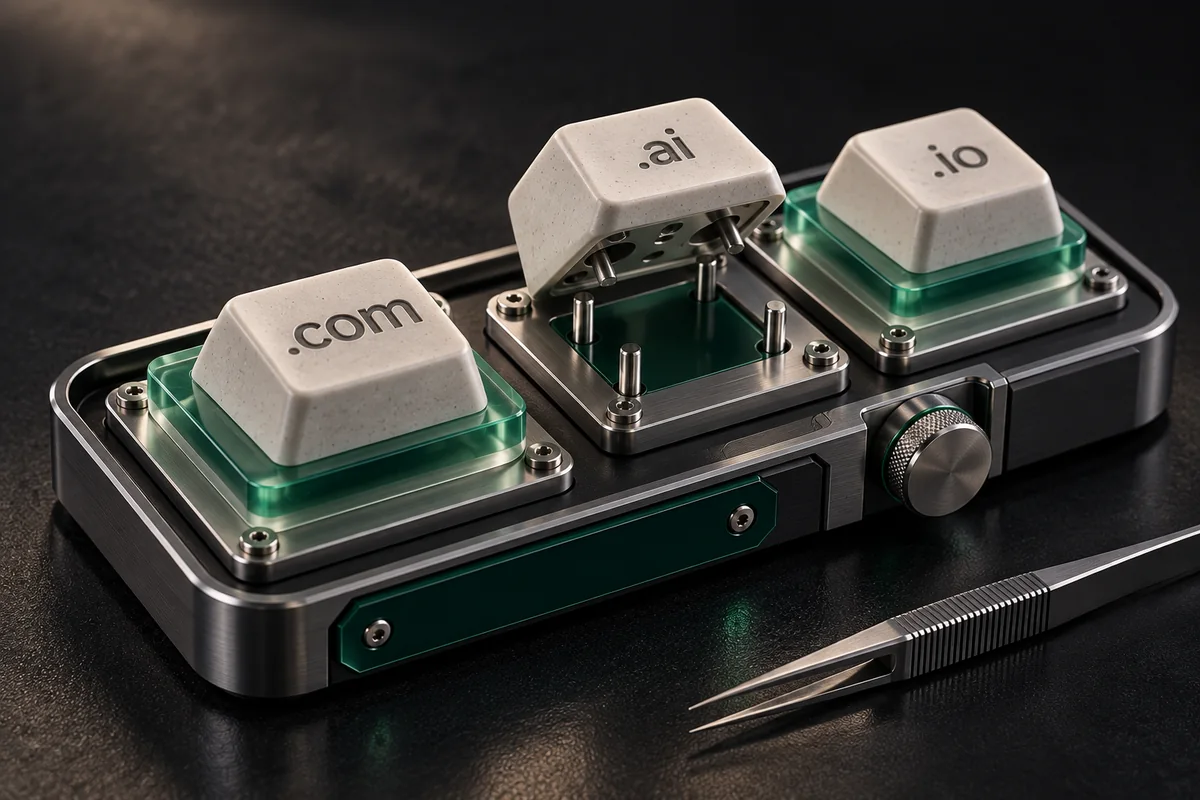 Ceramic .com, .ai, and .io keys on a precision-built domain workbench